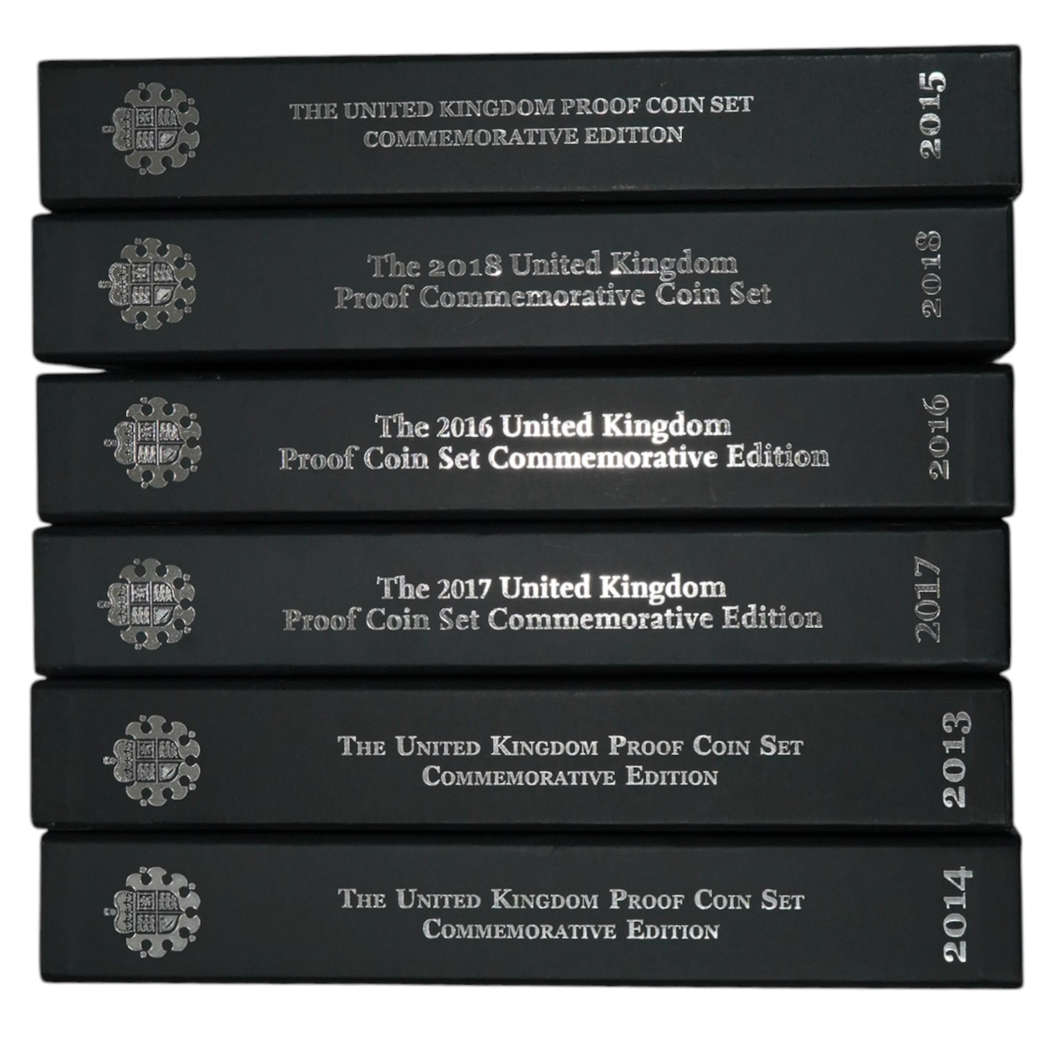 Royal Mint UK QEII coins, five proof coin sets, 2013–2017 commemorative edition, in case of issue, 2015 and 2016 lacking certificates, together with 2018 UK proof commemorative coin set, in case of issue with certificate